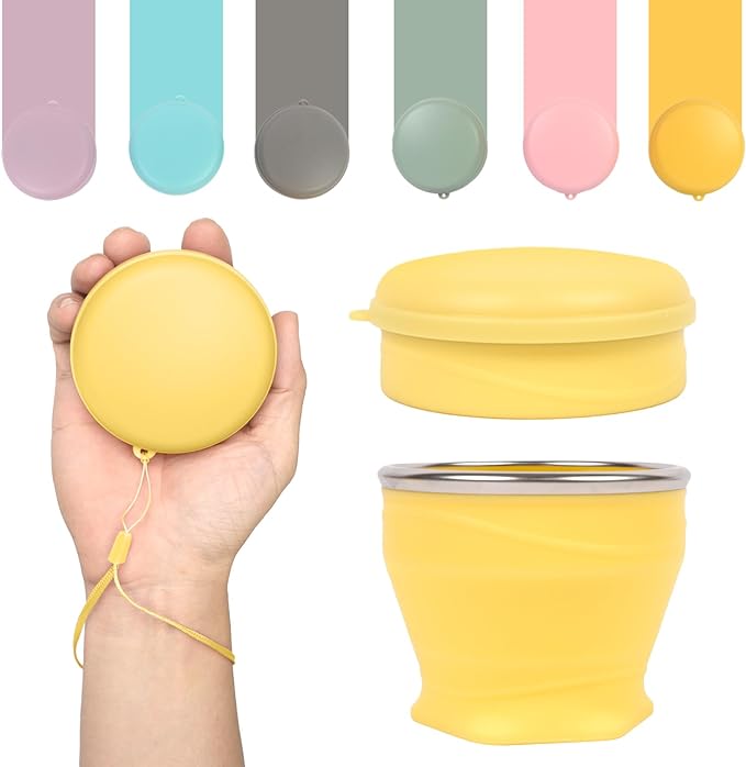 Collapsible Travel Cup with Lid (6oz/180ml) - BPA Free Silicone Folding Cup with Stainless Steel Rim - Portable Pocket Cup for Mouthwash, Pills,Hiking, Camping & Kids(Creamy yellow)