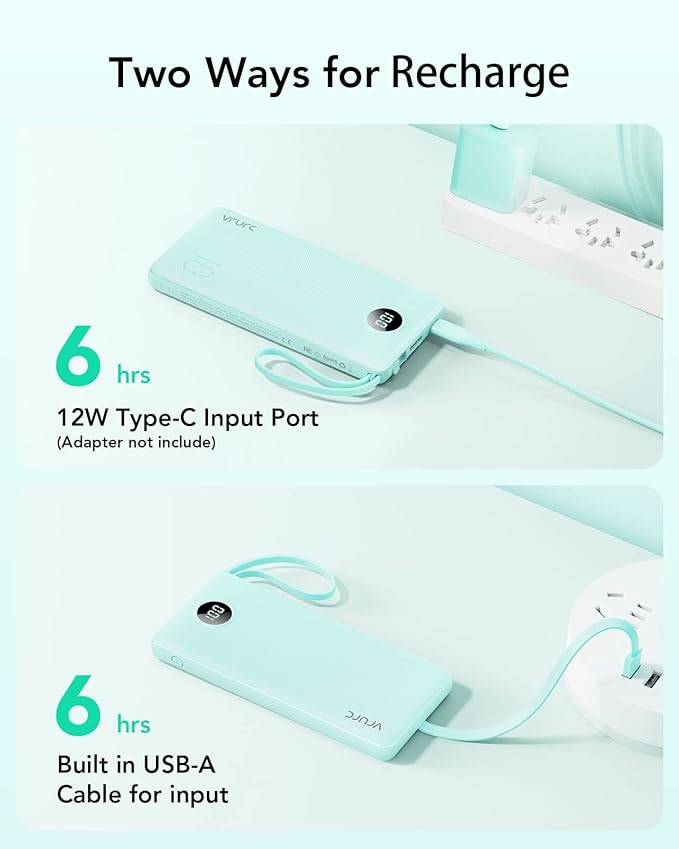 VRURC Portable Charger for iPhone, Compact Travel Power Bank 10000mAh, USB C Battery Pack 4 Outputs 3 Inputs, Slim Phone Charger with Cables for iPhone 17 16 15 14 13,Samsung Galaxy-Green(1 Pack)