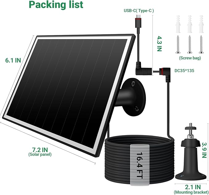 Solar Panel for Ring Camera, 6W Solar Charger with USB-C & Barrel Plug for Ring Stick Up Cam Pro/Plus & Spotlight Cam Battery Series, Waterproof, 16ft Cable (Black)