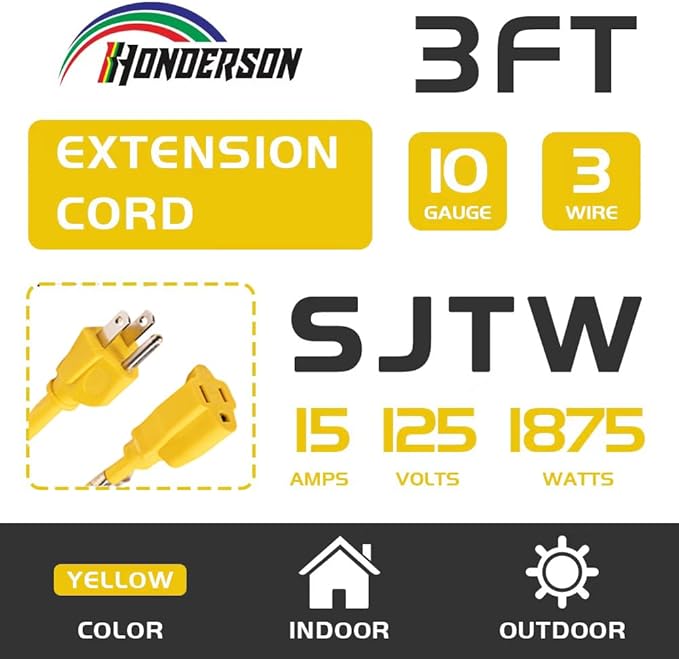 Extension Cord Weatherproof, UL Certified, 10 Gauge 3FT Yellow 3 Prong Heavy Duty, 10/3 SJTW 15A Power Cord for Lights, Appliances, Lawn