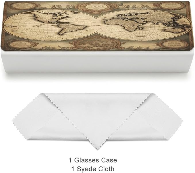 World Map Eyeglass Case Spectacle Case Slim PU Leather Eyeglass Case for Men Women Lightweight Protective Eyewear Storage with Cleaning Cloth