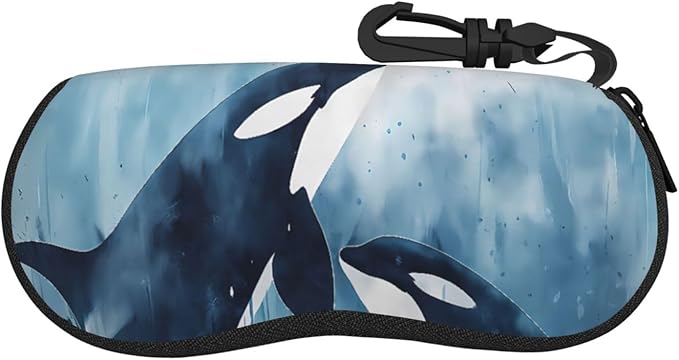 Watercolor Orca Whale Glasses Case Neoprene Portable Zipper Eyeglass Bag With Hook