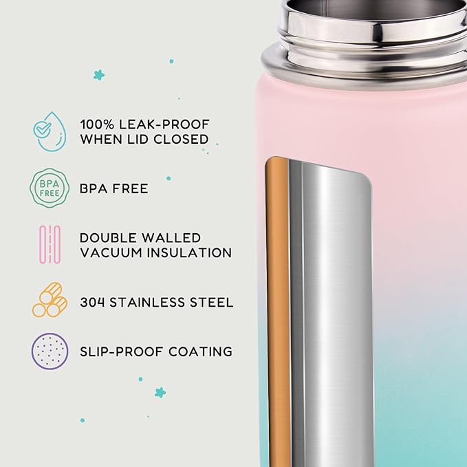 Fijinhom 12oz Kids Water Bottle for School, Toddler Bottles with Straws, Stainless Steel Vacuum Insulated Water Bottle for Boys&Girls, Leak-Proof, BPA-Free, Bubble Gum