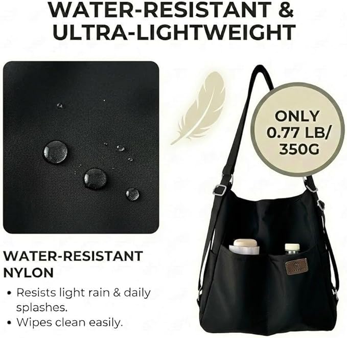 Women's Convertible Backpack Purse - Water-Resistant Nylon Travel Bag - Large Capacity 3-Way Shoulder Tote & Daypack