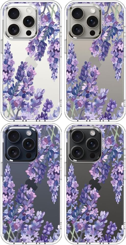MOSNOVO Case for iPhone 15 Pro, [Buffertech 6.6ft Military-Grade Drop Protection] [Anti Peel Off Tech] Clear TPU Bumper Phone Case Cover Design - Lavender