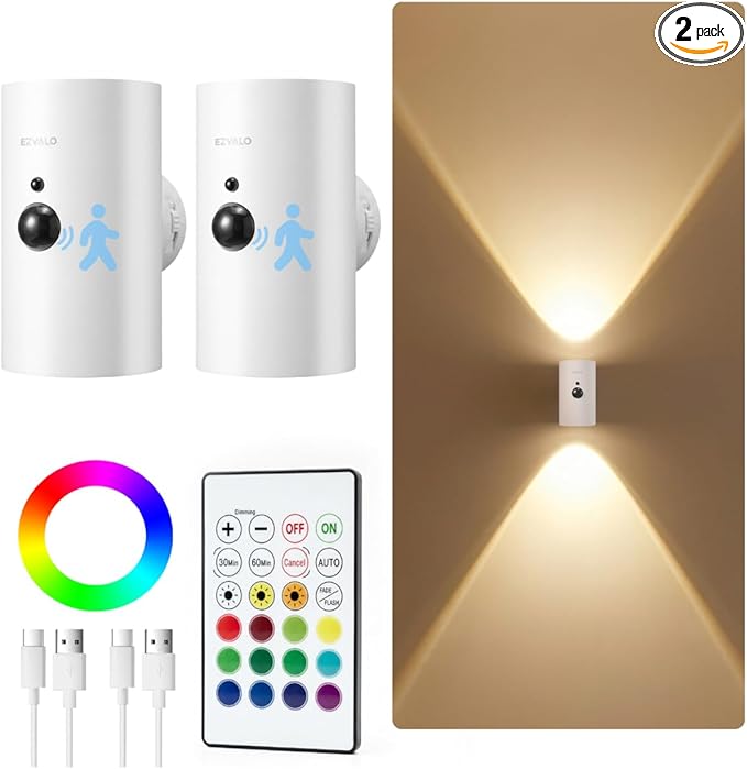 EZVALO Motion Sensor Wall Sconces, Battery Operated Wall Lights with 4000mAh Rechargeable Battery, 3 CCT & 12 RGB Remote LED Lights for Hallway, Stairway (White, 2 Pack)