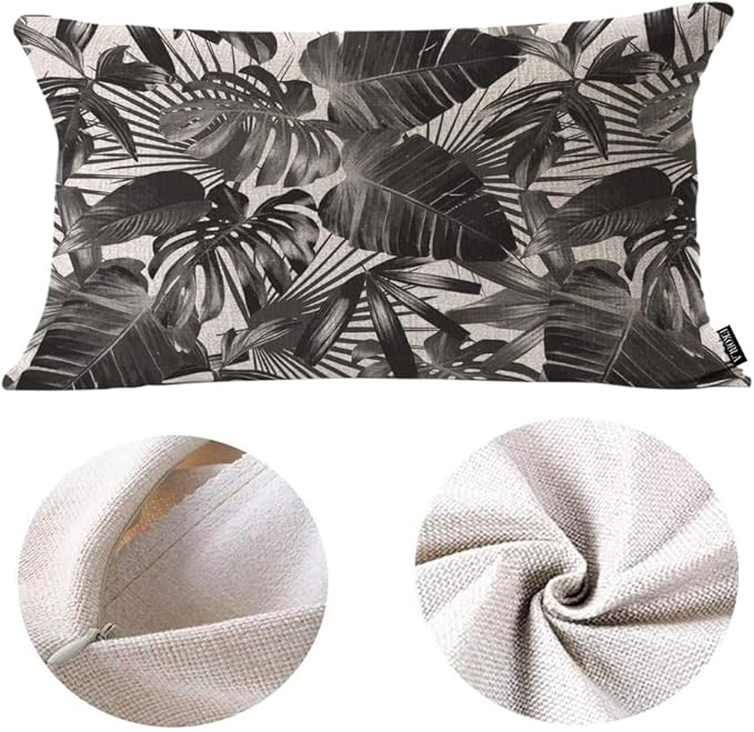 EKOBLA Palm Leaf Decorative Lumber Cushion Case Tropical Jungle Leaf Hand Drown Plant Cotton Linen Square Throw Waist Pillow Case Decorative Cushion Cover Pillowcase Sofa Lumbar 12x20 Inches