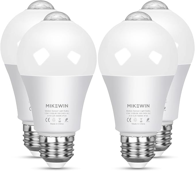 MikeWin Motion Sensor Light Bulbs Outdoor 4 Packs 13W(100W Equivalent) Security LED Bulb, Indoor E26, A19, 5000K Daylight Dusk to Dawn Bulb for Garage Front Door Porch Stairs Hallway