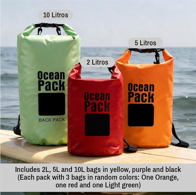 Waterproof Dry Bag Backpack Set of 3 (2L 5L 10L) – PVC Roll Top Waterproof Bags for Kayaking, Camping & Travel – Floating Compression Dry Pack for Outdoor Gear (Red, Light Green, Orange)