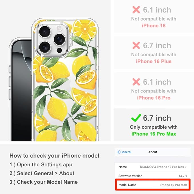MOSNOVO Case for iPhone 16 Pro Max, [Buffertech 6.6ft Military-Grade Drop Protection] [Anti Peel Off Tech] Clear TPU Bumper Phone Case Cover Design - Lemon