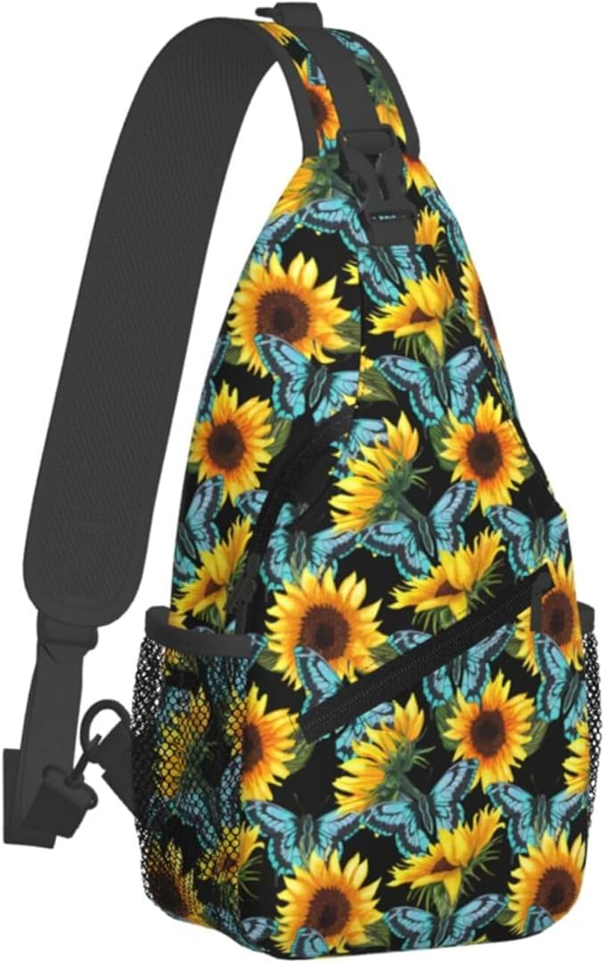 Sunflower And Blue Butterfly Sling Bag For Women Men Fashion Print Backpack Crossbody Shoulder Bag Sling Backpack Chest Bag Travel Hiking Casual Sport Daypack