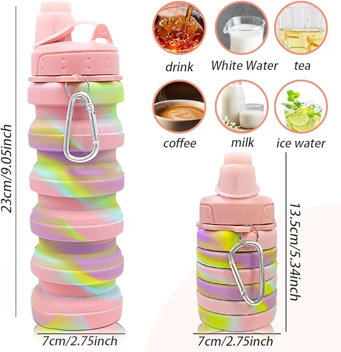 Silicone Collapsible Sports Water Bottles 500ml 16oz,Leak proof Twist Cap BPA Free Retractable for Home Outdoor,Biking,Hiking Portable Water Bottle Cups(1#Pink)