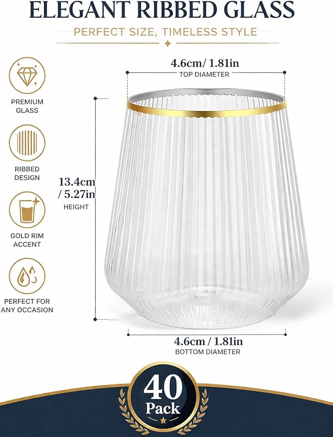 40 count 12 Ounce Ribbed Cups Origami Unbreakable Stemless Plastic Wine Champagne Whiskey Glasses Elegant Durable Disposable Indoor Outdoor Ideal for Home, Office, Bars, Wedding, Ripple (Gold Rim)