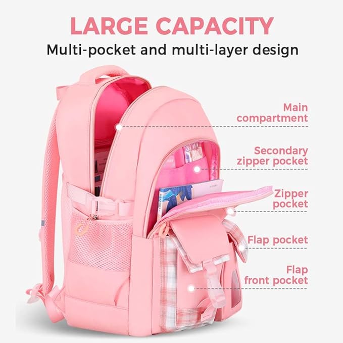 Cute Backpack for Teen Girls Kids Kawaii Bookbag Large School Back Packs Aesthetic Travel Daypack Ages 6-8 8-10 10-12 (Pink,L)