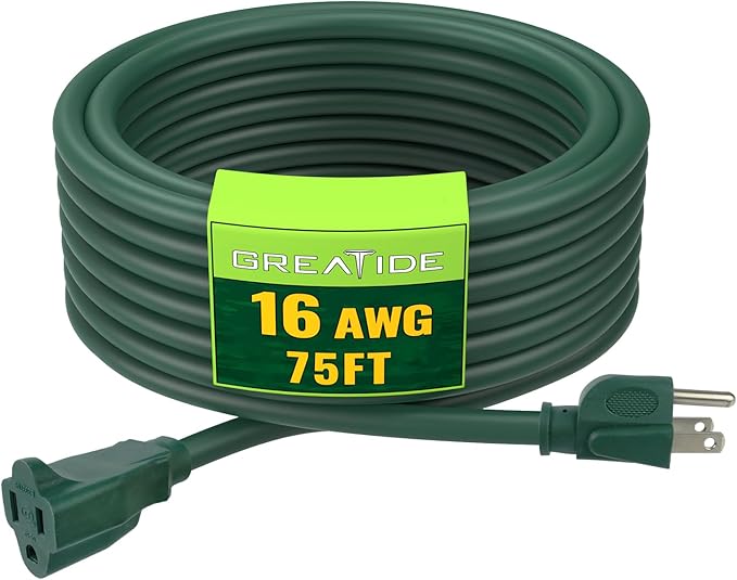 Indoor Outdoor Extension Cord 75 FT, 16/3 SJTW Weatherproof Green Electrical Cords, 10 AMP Heavy Duty 3 Prong Power Cable Great for Garden, Landscaping & Holiday Decorations