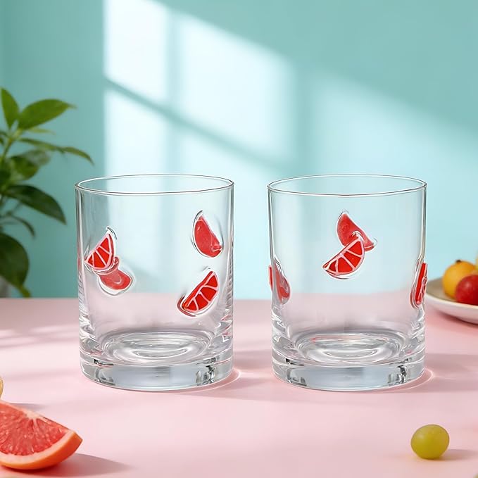 Skylety 2 Pcs Grapefruit Icon Juice Glasses Fruit Drinking Cups Retro Old Fashioned Stemless Wine Glasses 13.5 oz Whiskey Cocktail Coffee Mugs for Summer Holiday Party Gift Decor