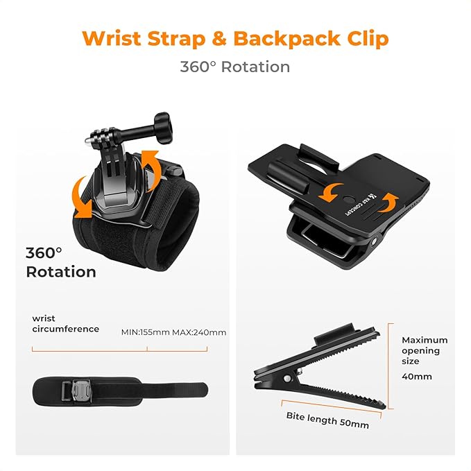 K&F CONCEPT Accessories Set for GoPro Hero 13/12/11/10/9/8/7/6/5/4/DJI Osmo Action Series/Pocket 3/2/Insta360 X4/X3, Chest Strap Harness+Backpack Clip+360° Rotating Head Strap Mount and Wrist Strap