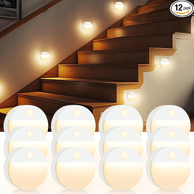 Guankai 12 Pack Motion Sensor Stair Light for Indoor, Battery Operated Night Lights, Led Stick On Puck Lighting Closet Lamp, Motion Activated Lamps for Step, Cabinet, Hallway, Bathroom