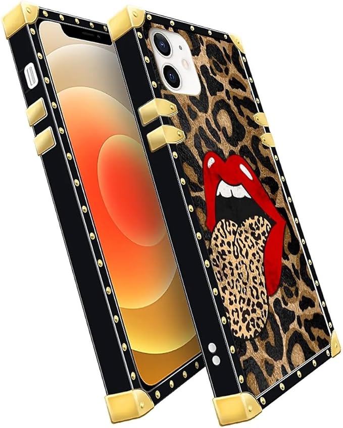 Compatible with iPhone 11 Case, Brown Leopard Print Mouth Luxury Golden Decoration for Girl Women Soft TPU Shockproof Protective Hard PC Back for iPhone 11