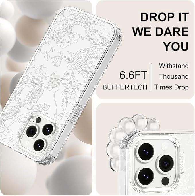 MOSNOVO Case for iPhone 13 Pro Max, [Buffertech 6.6ft Military-Grade Drop Protection] [Anti Peel Off Tech] Clear TPU Bumper Phone Case Cover Design - White Dragon
