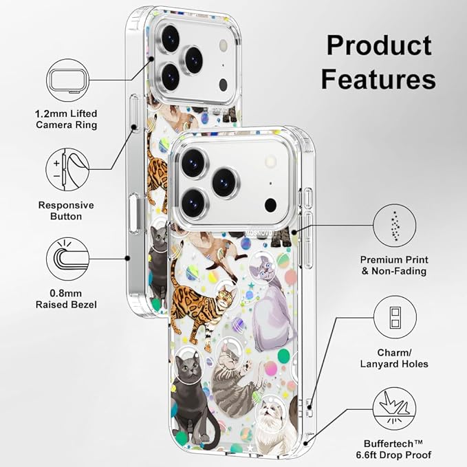 MOSNOVO for iPhone 17 Pro Case | Military Grade 6.6ft Drop Tested | Camera Control | Clear with Space Cat Design
