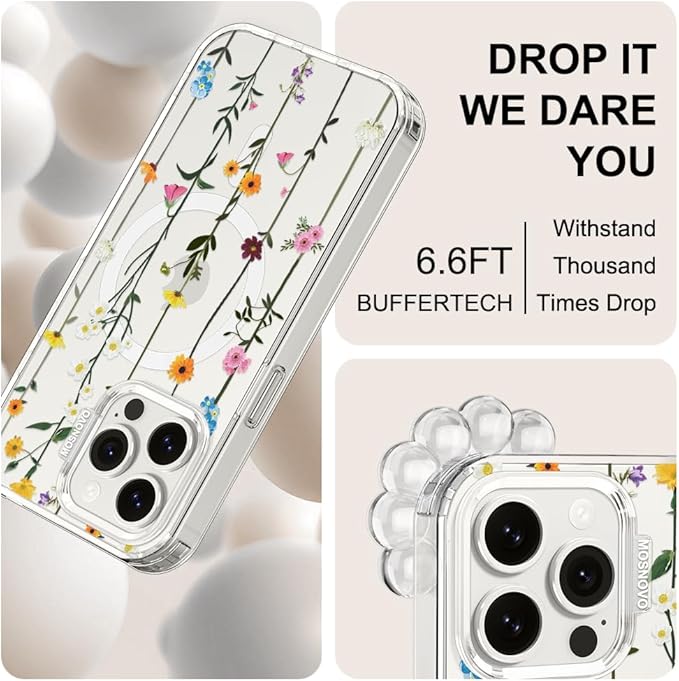 MOSNOVO Case for iPhone 15 Pro Max, [Buffertech 6.6ft Military-Grade Drop Protection] [Anti Peel Off Tech] Clear TPU Bumper Phone Case Cover Design - Wildflowers