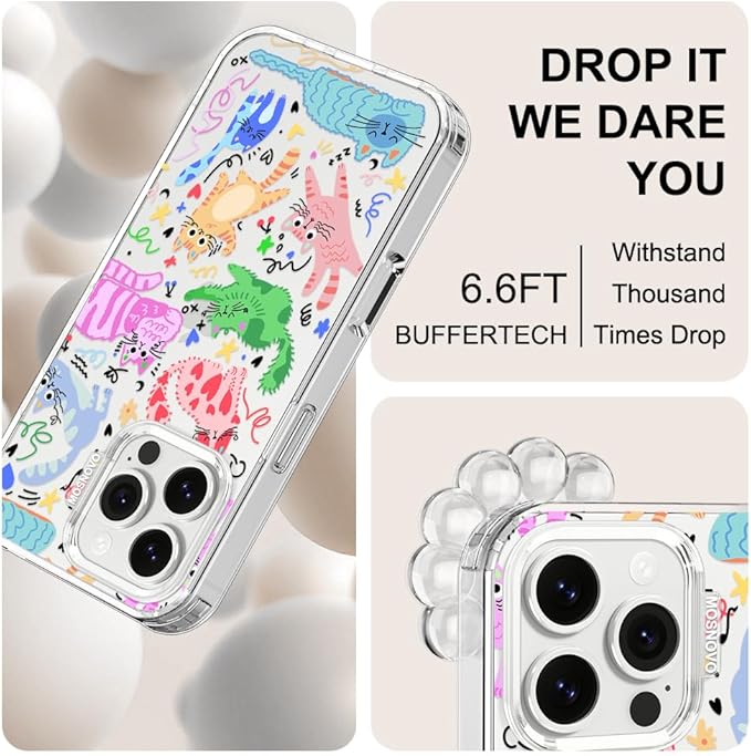 MOSNOVO for iPhone 16 Pro Max Case, Shockproof Military-Grade Protection 6.6ft Drop Tested, Clear Phone Case for iPhone 16 Pro Max, Doodle Cats Design