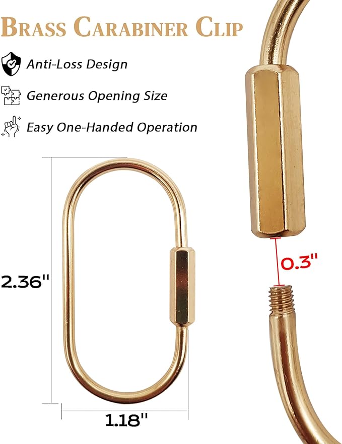 Brass Gold Carabiner Clip for Keys - Loose Leaf Binder Rings, Screw Lock Keychain and Carabiner Clip with Lock for Backpacks, Luggage Tags, Pet Collar Clips and Outdoor Accessories, 10 Packs