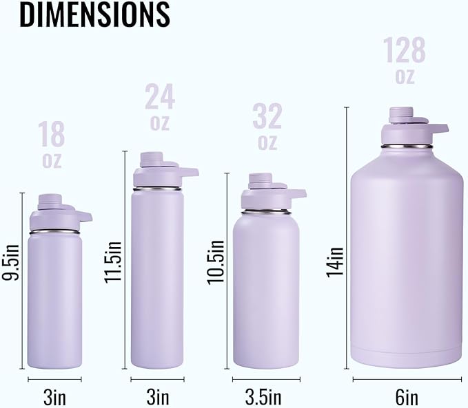 Fijinhom Gallon Water Bottle with 2 Lids (Straw & Spout), 304 Stainless Steel Water Jug with Handle and Wide Mouth, 1 Gallon Vacuum Double Walled Jug for Sports, Outdoors, Purple, 128 oz
