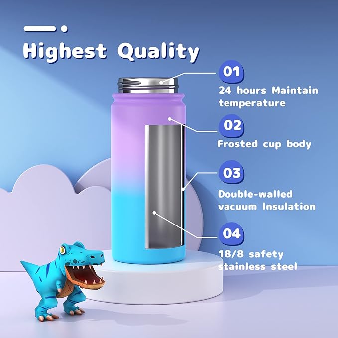 Kids Water Bottle, 16oz Water Bottles with Straw and Stickers, Stainless Steel Vacuum Double Wall Insulated cup, Kids Water Bottle for School, Gifts for Girls(Purple and Blue)