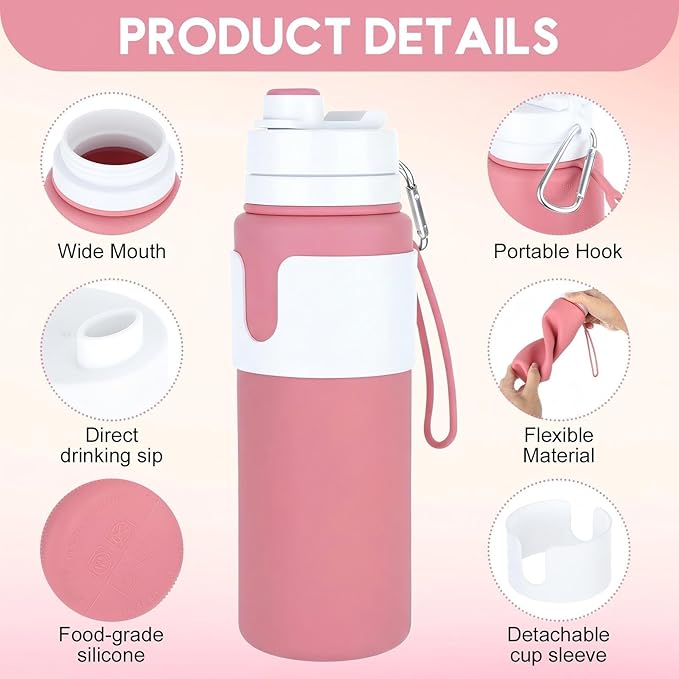 LemonRoad 2 Pcs 26 oz Silicone Collapsible Water Bottle, Portable Foldable Water Bottle Leakproof with Carabiner Reuseable Lightweight for Travel Sports Hiking Camping Cycling Office (Green,Pink)