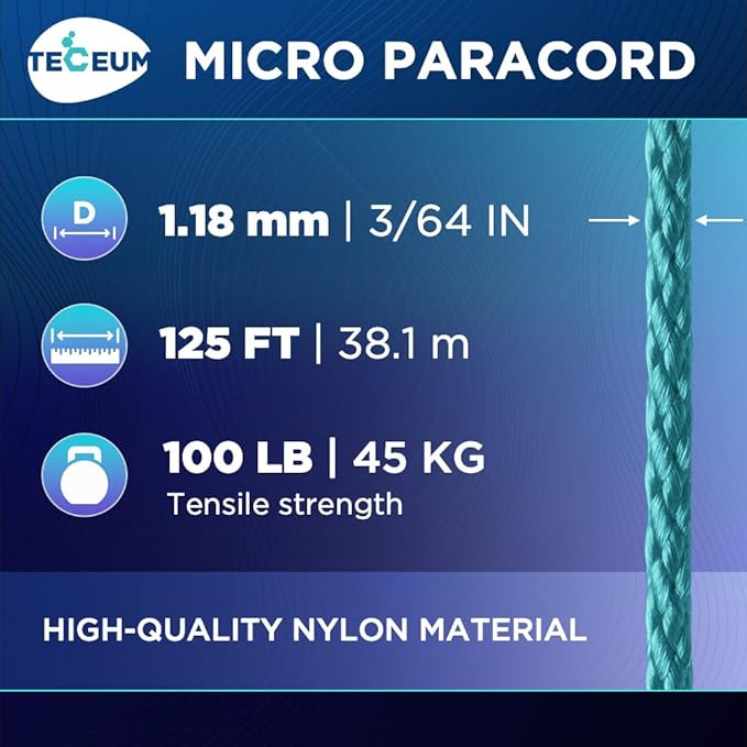TECEUM Micro Paracord – 1.18 mm X 125 ft – Micro Utility Cord – Thin Braided Paracord Rope – Best for Crafting, DIY Projects, Fishing, Camping – Wind Chime Replacement – Survival Strong String