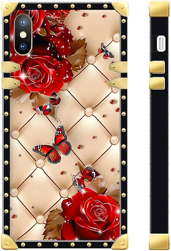 Compatible with iPhone Xs Max Case, Shining Red Rose Butterfly Leather Background Luxury Golden Decoration for Girl Women Soft TPU Shockproof Protective Hard PC Back for iPhone Xs Max
