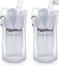 2 Pack Collapsible Water Bottles, 1L Hiking Water Flasks (2L Total) - 33oz BPA-Free Reusable Drink Bags With Carabiners and Handles, Squeeze Water through a Filter or Use as Water Bottles