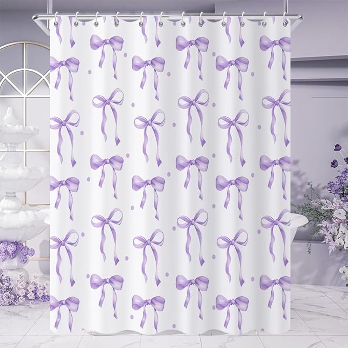 Purple Bow Shower Curtain, Lavender Modern Aesthetic Bowknot with Polka Dot Cute Girly Bathroom Curtain Waterproof Fabric Machine Washable with Hooks, 72" Wx78 L