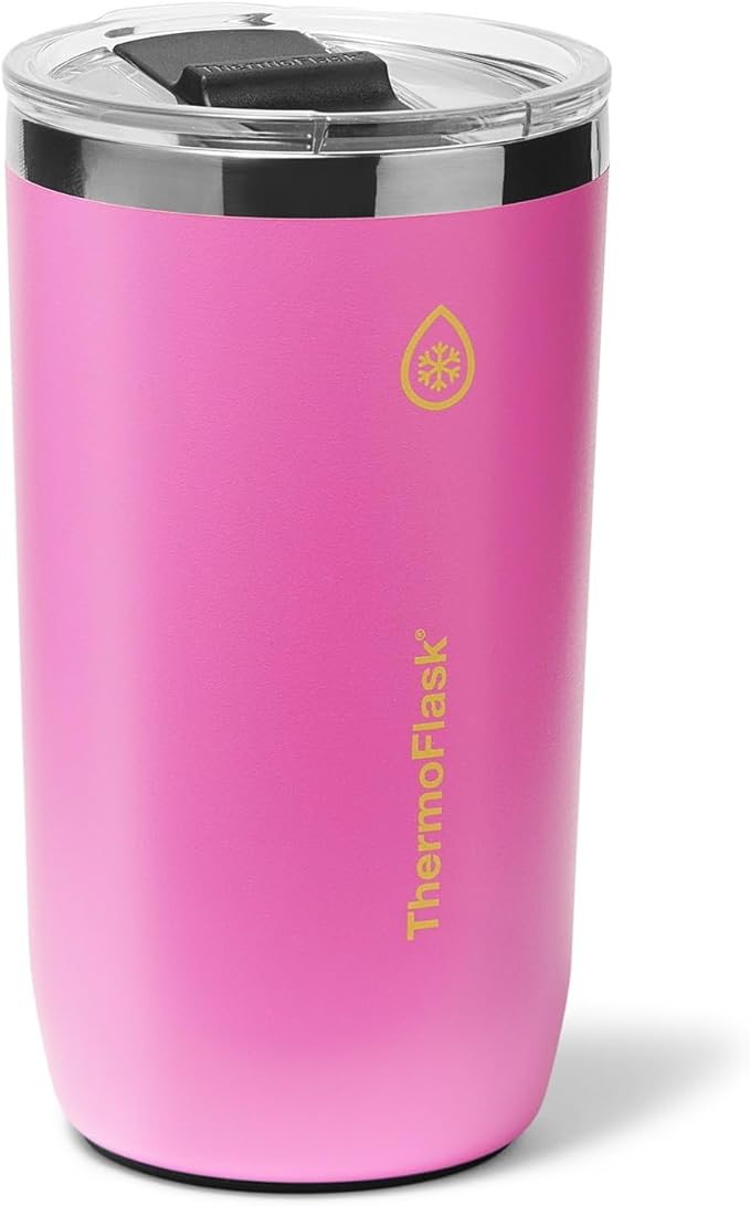ThermoFlask Drinkware Beer Tumbler - Double-Wall Tumbler for Cold & Hot Drinks - Lightweight & Simple Drink Cup with Lid - Modern & Durable Drinking Cup - 16 oz, Shocking Pink