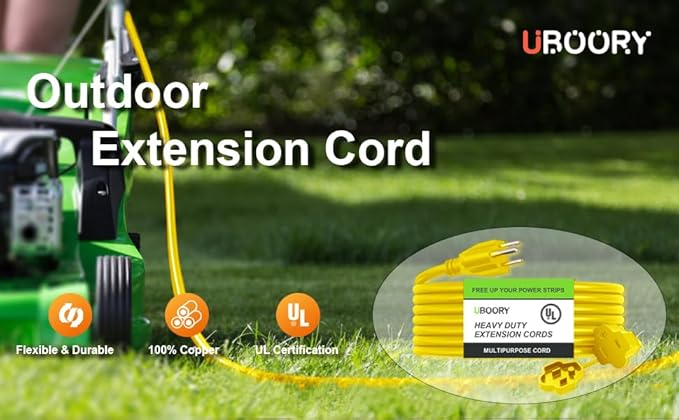 Outdoor Extension Cord Waterproof 100 FT, Yellow 14/3 SJTW Heavy Duty, Flexible 100% Copper 3 Prong Extension Cord for Lawn, Garage,UL Listed