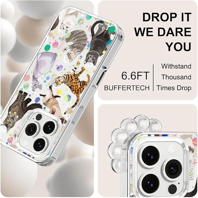 MOSNOVO Case for iPhone 16 Pro, [Buffertech 6.6ft Military-Grade Drop Protection] [Anti Peel Off Tech] Clear TPU Bumper Phone Case Cover Design - Space Cat