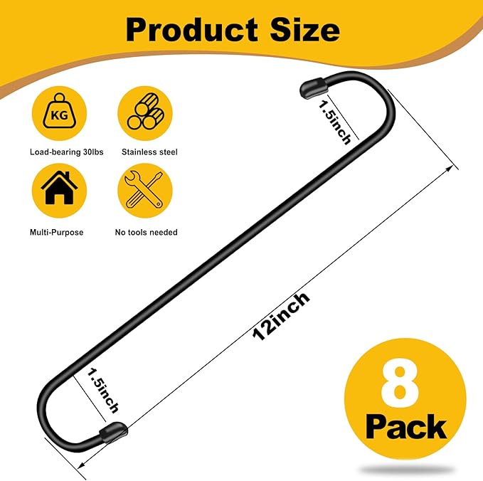 Dpyrrhic 8 Pack 12 Inch Large S Hooks for Hanging Plants,Black Extra Matel Heavy Duty Hook for Hang Brsket,Bird House and Clothes