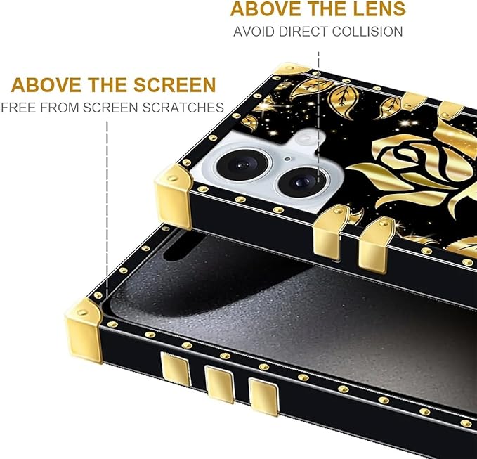 Compatible with iPhone 16 Case, Shine Gold Rose Luxury Golden Decoration for Girl Women Soft TPU Shockproof Protective Hard PC Back for iPhone 16