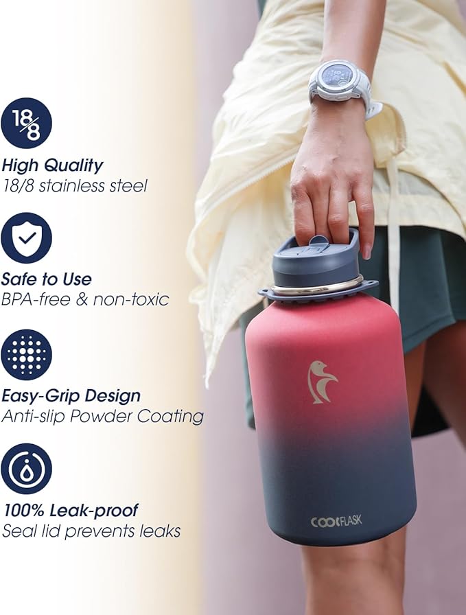 Coolflask Half Gallon Water Bottle with Strap, 64oz Insulated Water Jug Stainless Steel with Straw & Spout Lids, Metal Large Water Flask, Keep Cold 48h Hot 24h, Leak Proof, Non-BPA, Wine/Navy