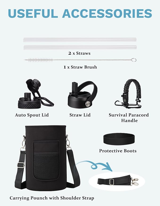 1 Gallon Insulated Water Jug with Straw - Auto Chug Lid, Bottle Carrier Bag, Paracord Handle, 128oz Stainless Steel Water Bottle Keep Hot 24H & Cold 48, Large Canteen Waters Bottles for Sports Work