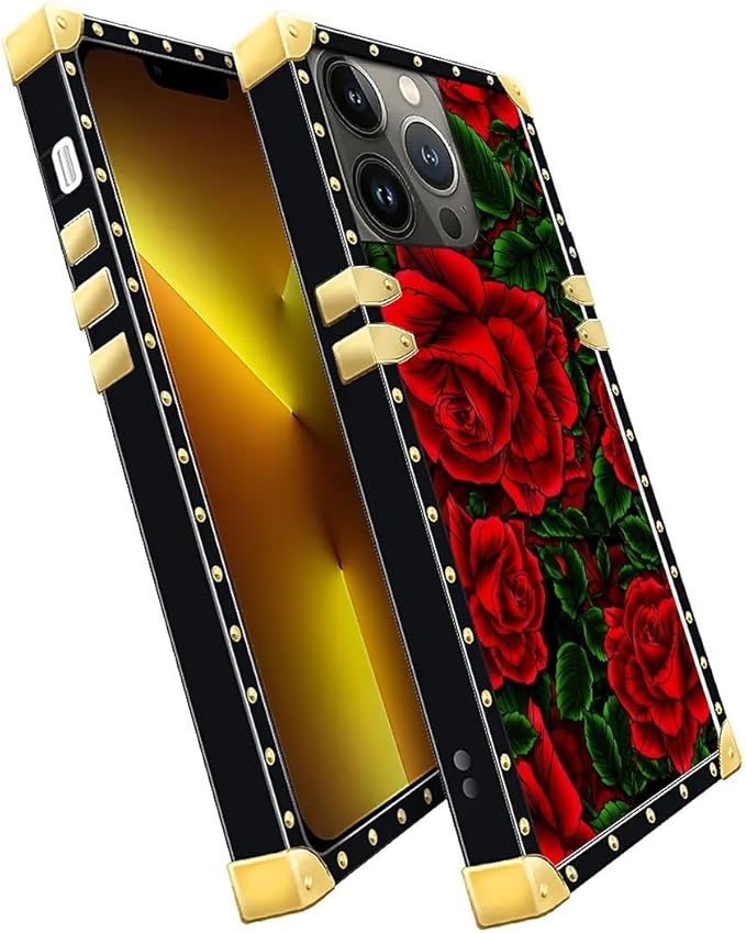 Compatible with iPhone 13 Pro Case, Vector Red Rose Green Leaf Luxury Golden Decoration for Girl Women Soft TPU Shockproof Protective Hard PC Back for iPhone 13 Pro