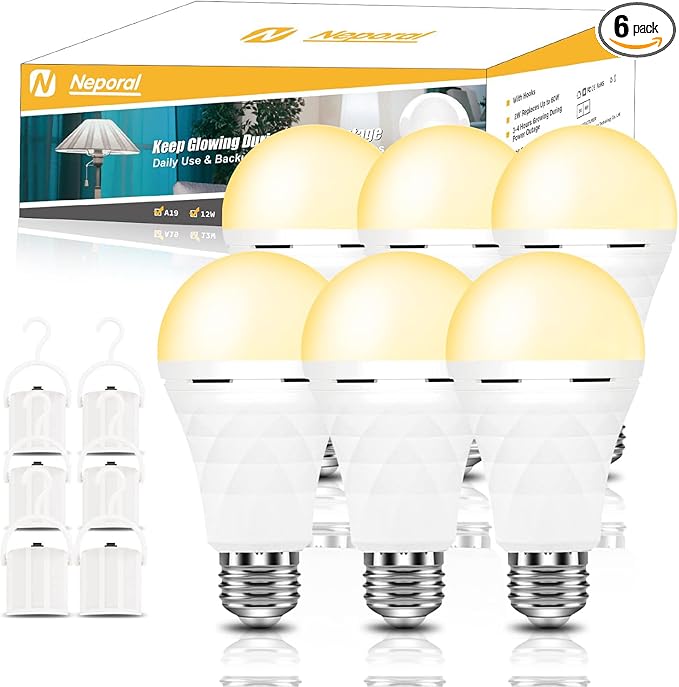 Neporal A19 Rechargeable Light Bulbs, Socket Rechargeable Emergency Light Bulb for Power Failure, 1200mAh Battery Backup Light Bulbs for Home, Hurricane, Led Bulb 60 Watt Equiv. (Soft WHITE-6PK)