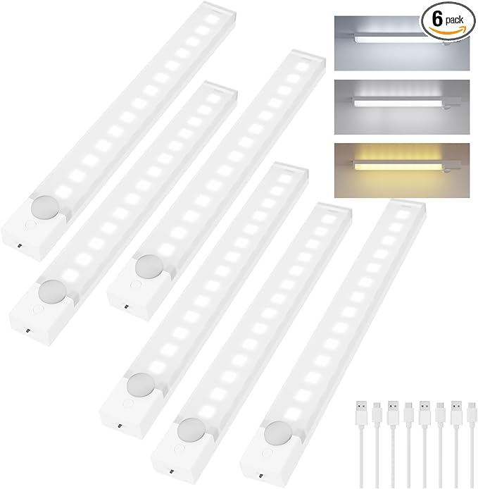Under Cabinet Lighting 8 Inch 6-Pack, Rechargeable Motion Sensor Light Indoor, Dimmable Closet Lights 3 Color Temps, Wireless Under Counter Lights for Kitchen, Stairs