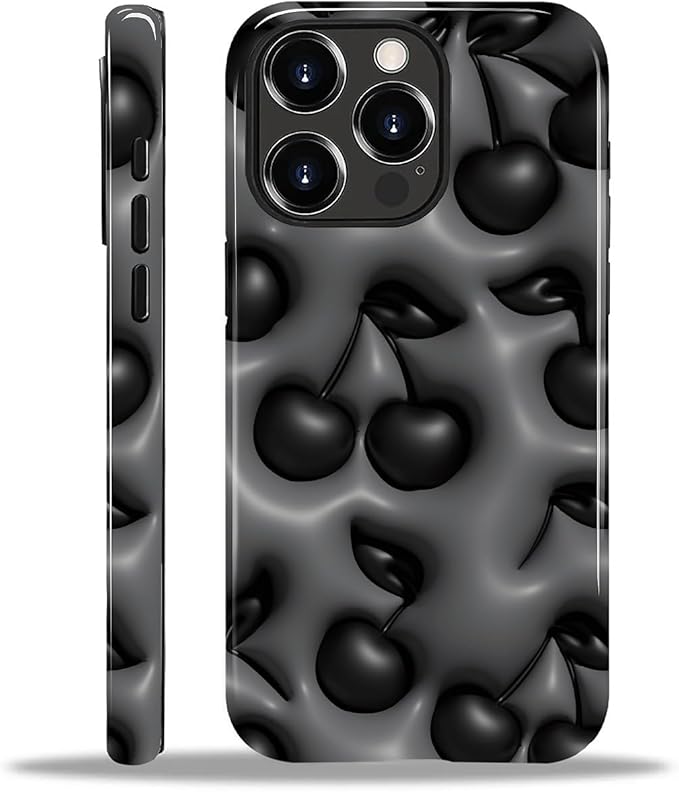 for iPhone 12/12Pro Case,HL2 Cute Cool Cherry Black Hybrid 2 Layer Hard Shell Silicone Protective Pattern Design Case