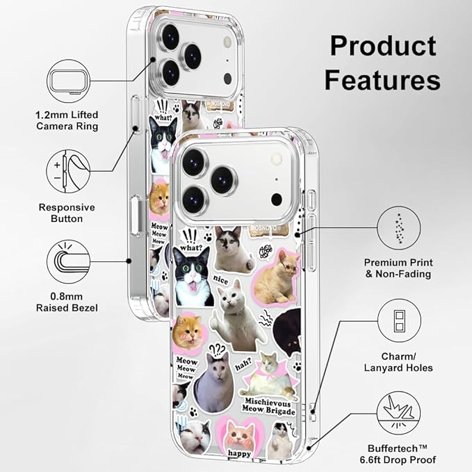 MOSNOVO for iPhone 17 Pro Max Case | Military Grade 6.6ft Drop Tested | Camera Control | Clear with The Cat Brigade Design