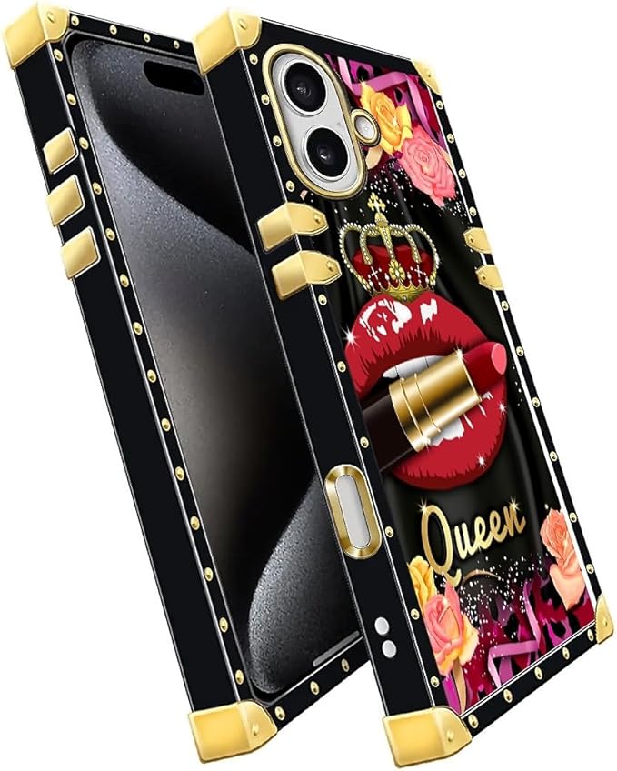 for iPhone 17 Case Luxury Golden Decoration for Girl Women Soft TPU Shockproof Protective Hard PC Back for iPhone 17 Crazy Pattern Queen Lip Crown Leopard Print