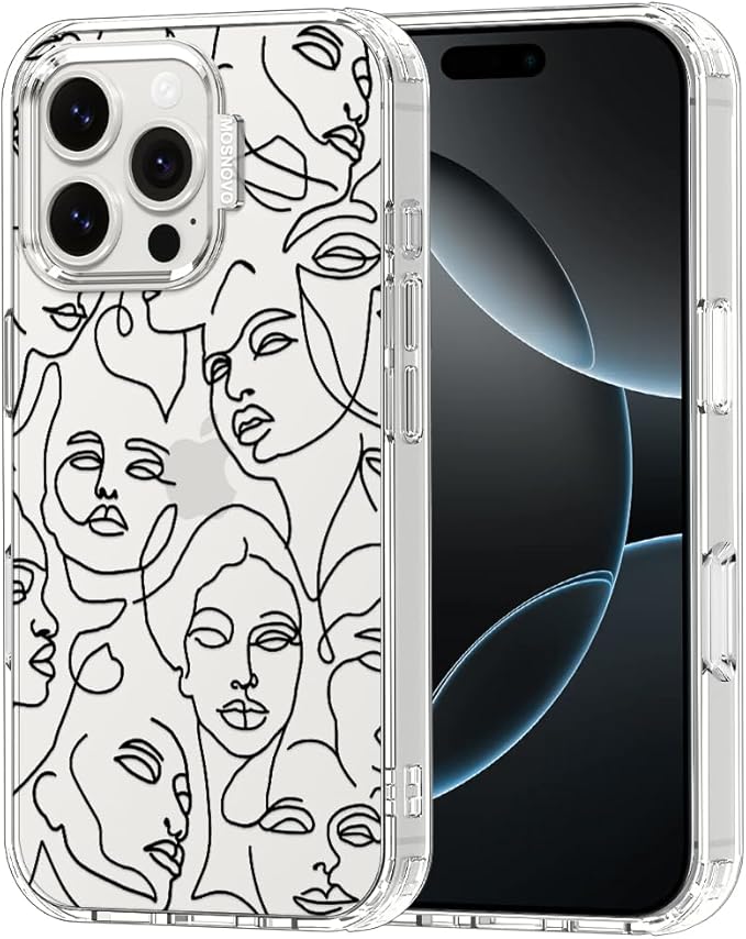 MOSNOVO Case for iPhone 16 Pro Max, [Buffertech 6.6ft Military-Grade Drop Protection] [Anti Peel Off Tech] Clear TPU Bumper Phone Case Cover Design - Abstract Face Line Art
