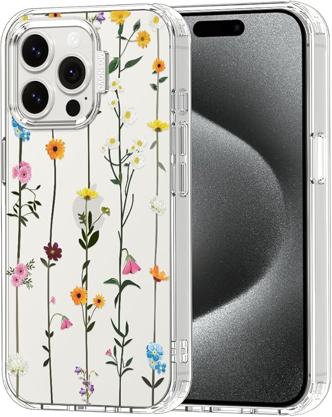 MOSNOVO Case for iPhone 15 Pro Max, [Buffertech 6.6ft Military-Grade Drop Protection] [Anti Peel Off Tech] Clear TPU Bumper Phone Case Cover Design - Wildflowers